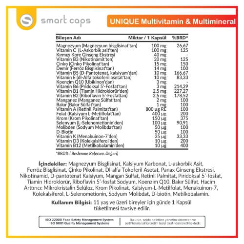 Smart Caps Unique Multivitamin/Multimineral Ginseng, Q10 30 Kapsül