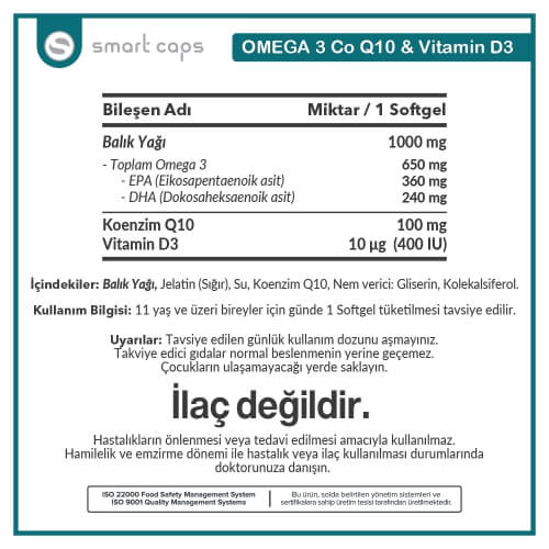 Smart Caps Omega 3 Koenzim Q10 & Vitamin D3 30 Softgels